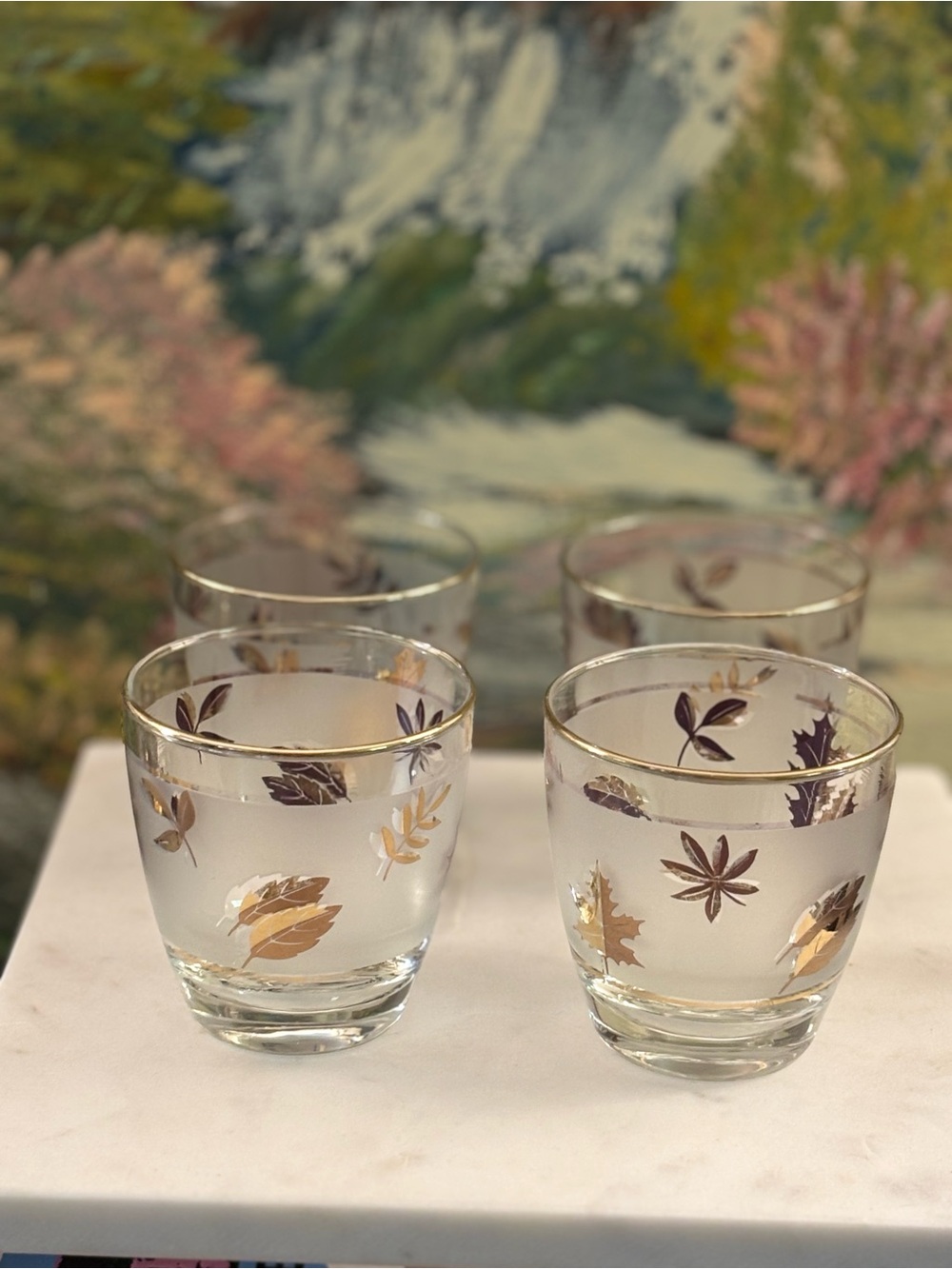 Vintage Libbey Frosted Golden Leaf “Golden Foliage” 22k gold leaf set of 4 🍁🍂